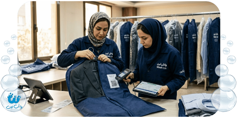 فرآیند کنترل کیفیت، بستهبندی نهایی و بارگذاری لباسها برای تحویل سریع توسط واش لین.