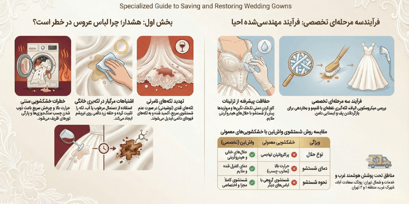اینفوگرافیک تفاوت خشکشویی سنتی و خدمات تخصصی واش لین برای لباس عروس